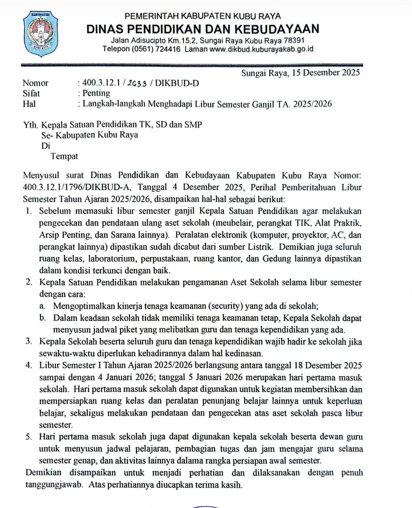 PEMBERITAHUAN LANGKAH-LANGKAH MENGHADAPI LIBUR SEMESTER GANJIL TA 2025/2026